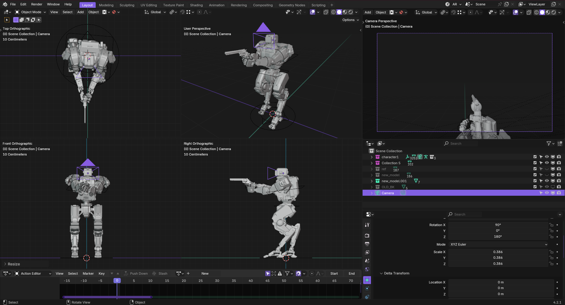 MK-1 Prototype in Blender — four viewport views